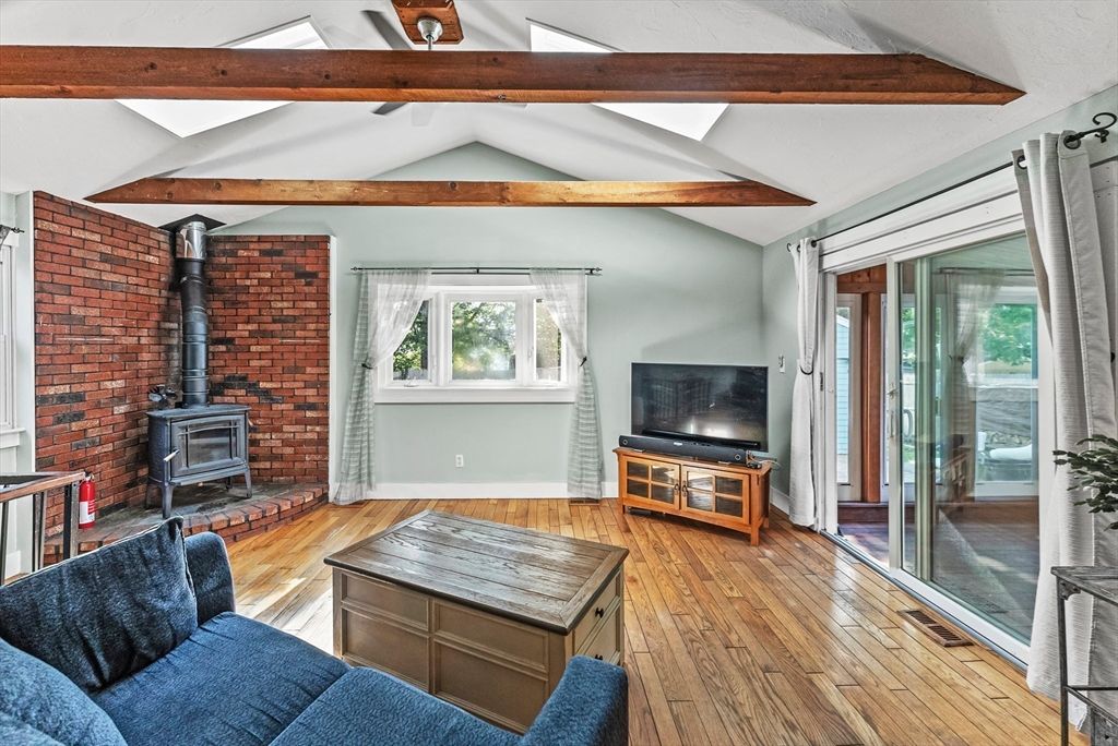 Fireplace, Interior, Living room, Stone Walls, Wooden Beams, Wood Texture Flooring