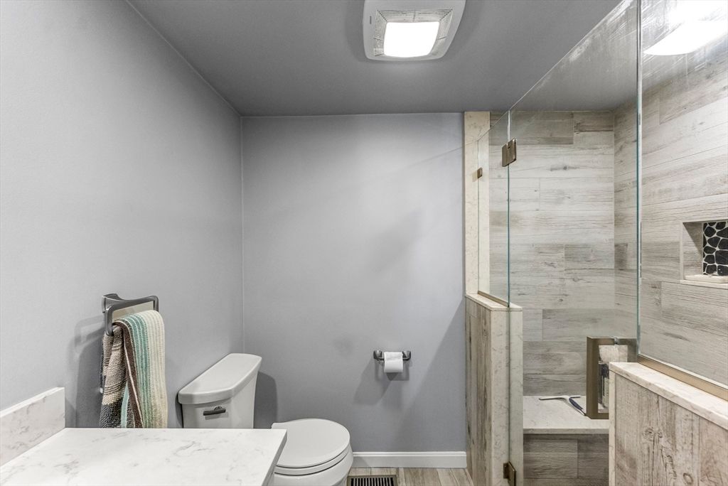Bathroom, Glass Shower, Interior, Recessed Lighting, Wood Texture Flooring