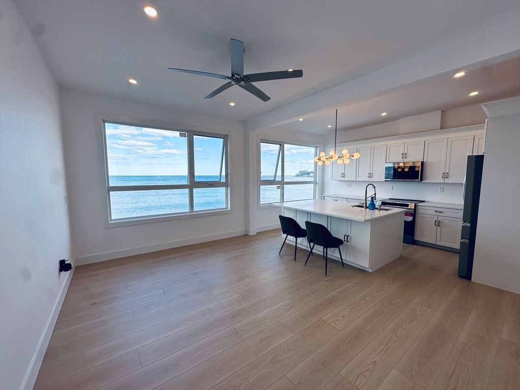 Dining room, Interior, Kitchen, Pendant Lights, Recessed Lighting, Water, Wood Texture Flooring