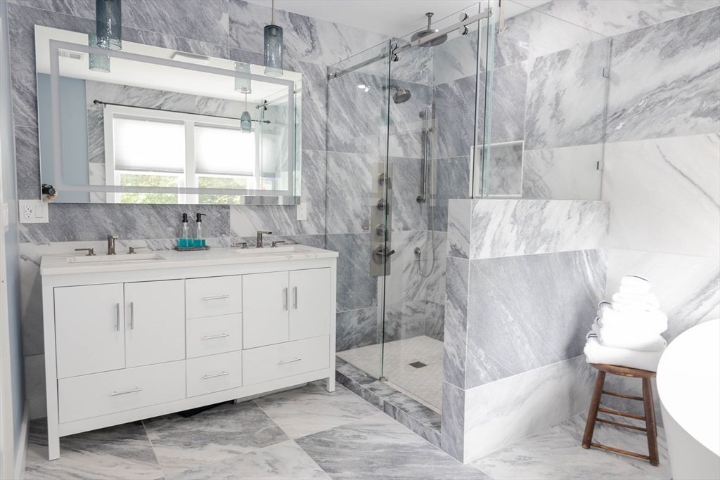Bathroom, Dual Sink Vanities, Glass Shower, Interior, Marble, Marble Walls