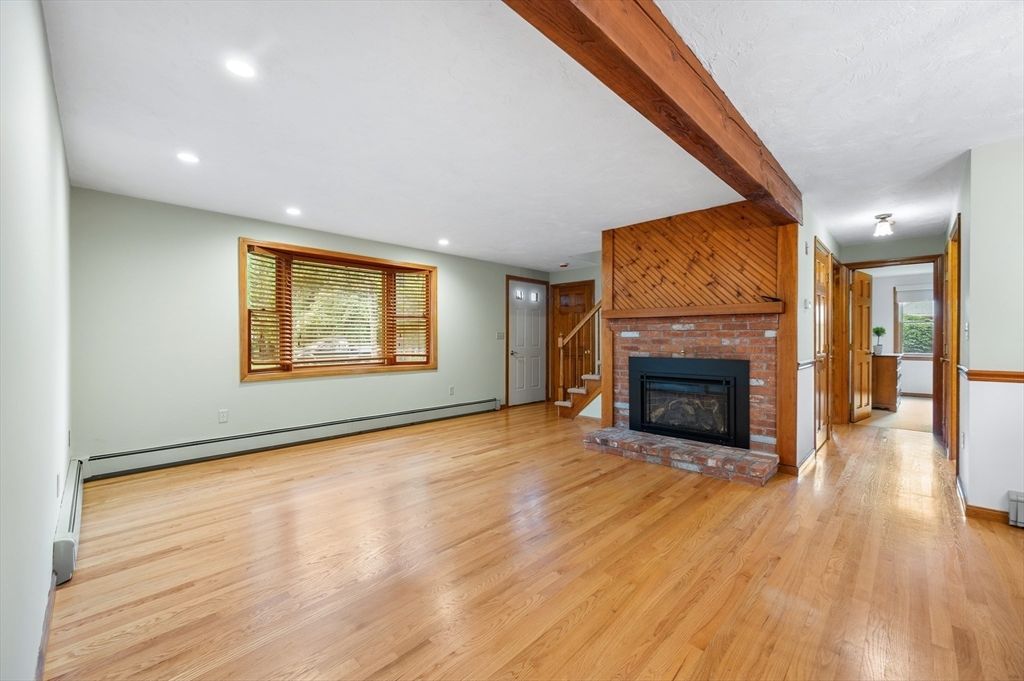 Empty room, Fireplace, Interior, Recessed Lighting, Wooden Beams, Wood Texture Flooring, Wooden Walls