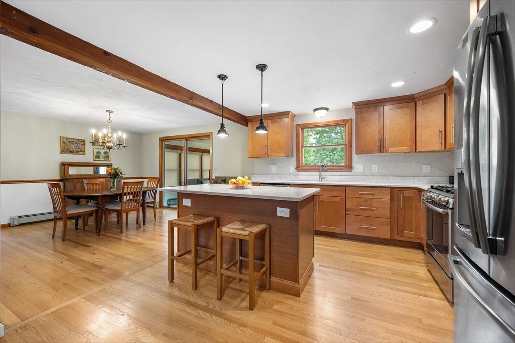 Chandelier, Dining room, Interior, Kitchen, Pendant Lights, Recessed Lighting, Stainless Steel Appliances, Wood Texture Flooring