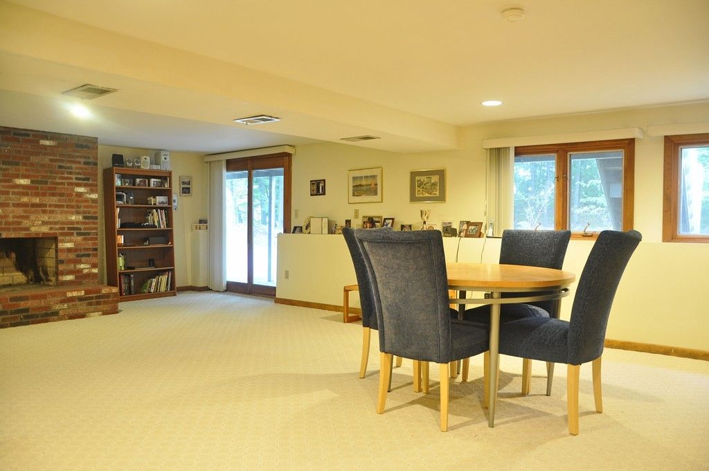Dining room, Fireplace, Interior, Recessed Lighting, Stone Walls