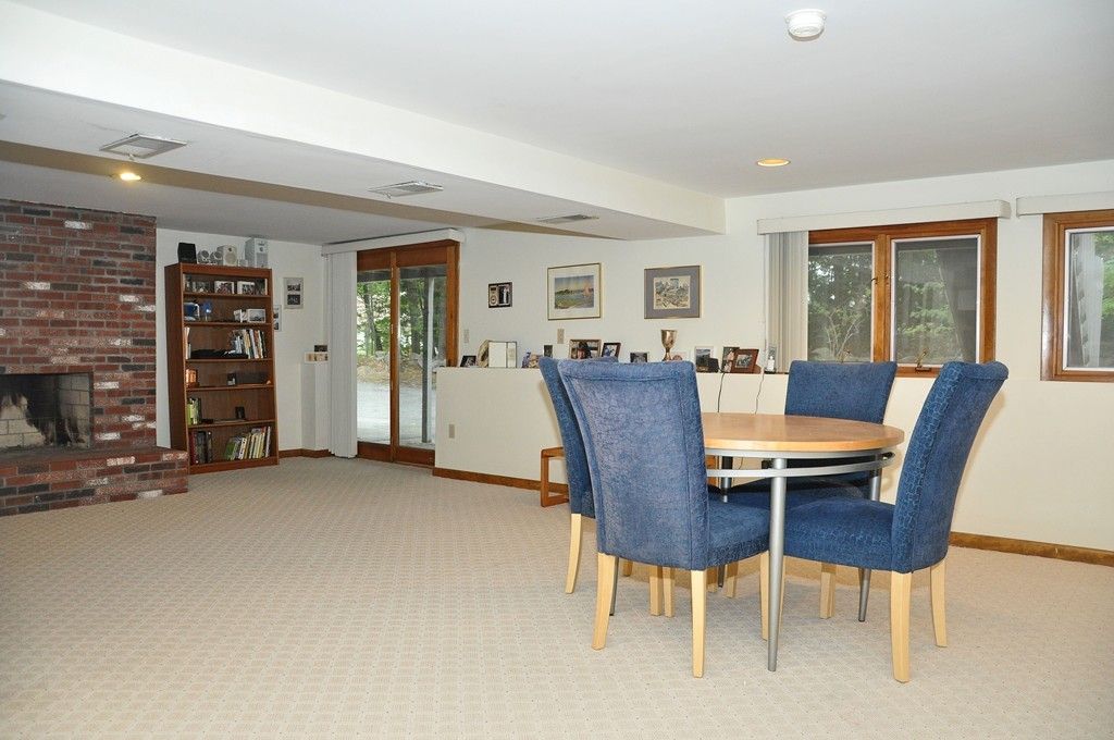 Dining room, Fireplace, Interior, Recessed Lighting, Stone Walls