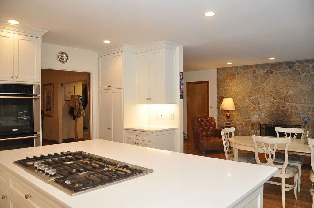 Dining room, Interior, Kitchen, Recessed Lighting, Stone Walls, Wood Texture Flooring
