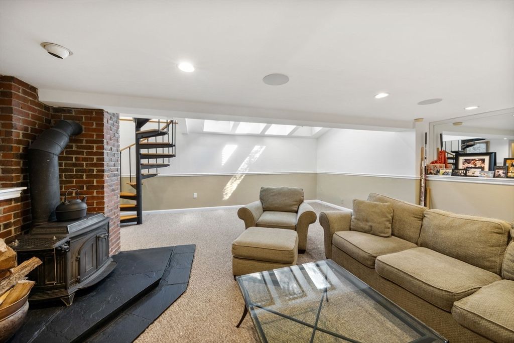 Fireplace, Interior, Living room, Recessed Lighting, Stone Walls