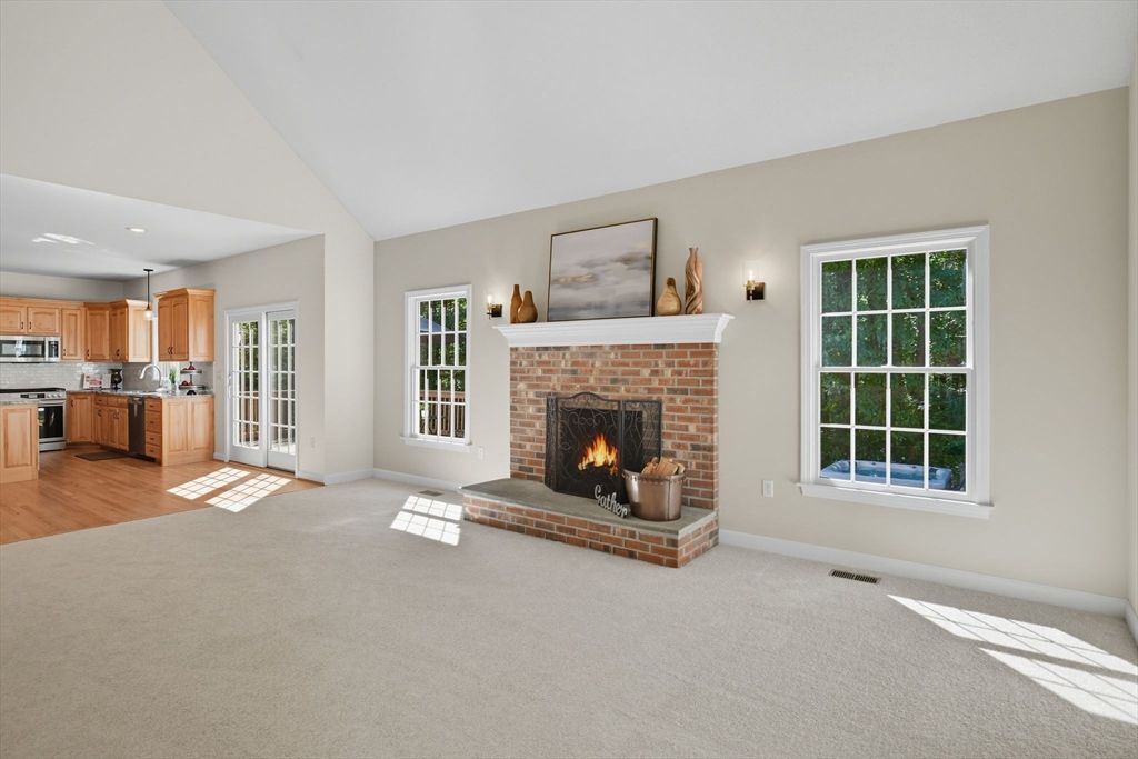 Fireplace, Interior, Kitchen, Recessed Lighting, Wood Texture Flooring