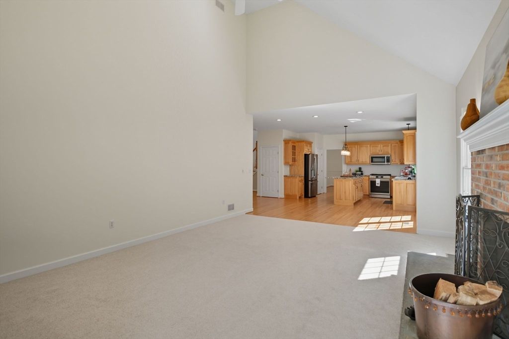 Fireplace, Interior, Kitchen, Pendant Lights, Recessed Lighting, Stone Walls, Wood Texture Flooring
