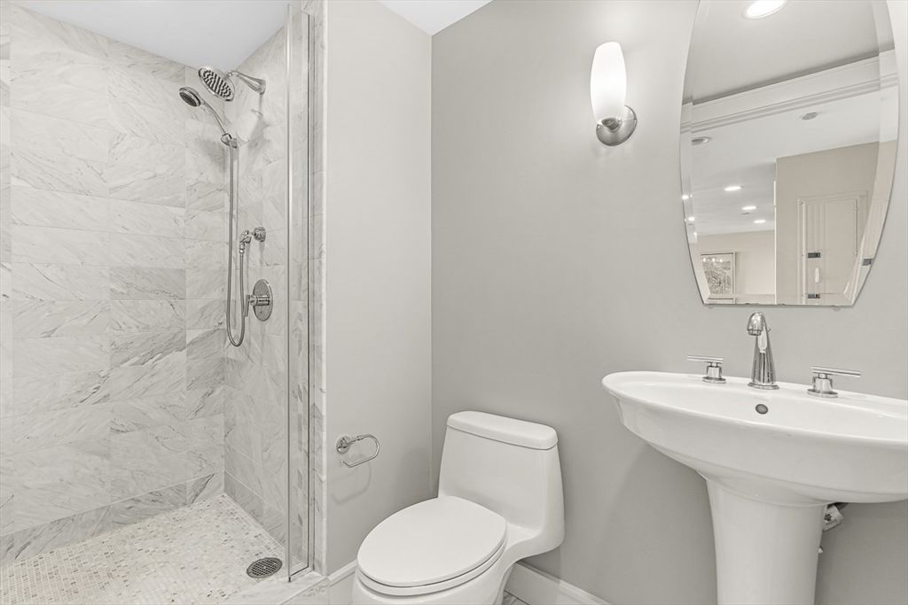 Bathroom, Glass Shower, Interior, Marble Walls, Recessed Lighting