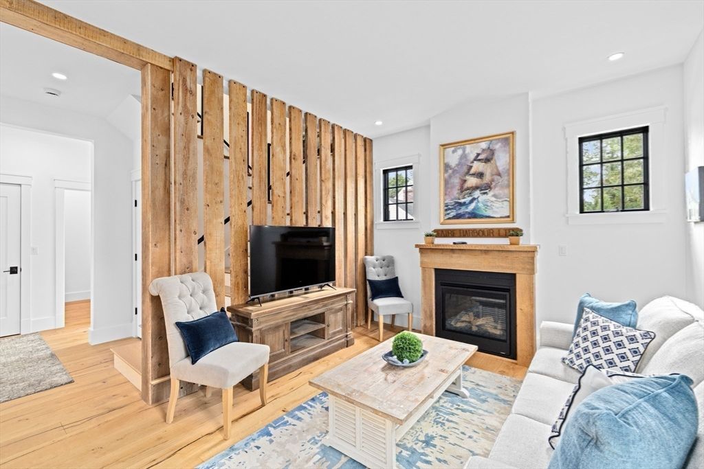 Fireplace, Interior, Living room, Recessed Lighting, Wood Texture Flooring, Wooden Walls
