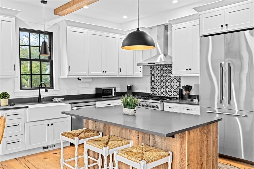 Interior, Kitchen, Pendant Lights, Recessed Lighting, Stainless Steel Appliances, Wooden Beams, Wood Texture Flooring