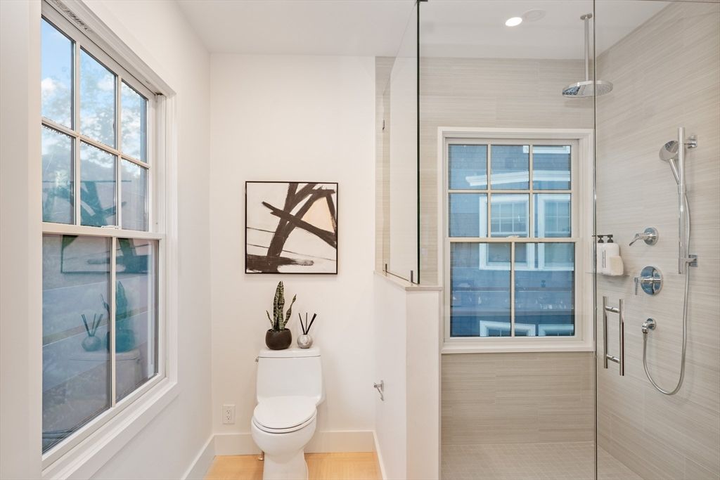 Bathroom, Glass Shower, Interior, Recessed Lighting, Wood Texture Flooring