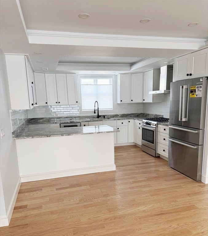 Interior, Kitchen, Recessed Lighting, Stainless Steel Appliances, Wood Texture Flooring