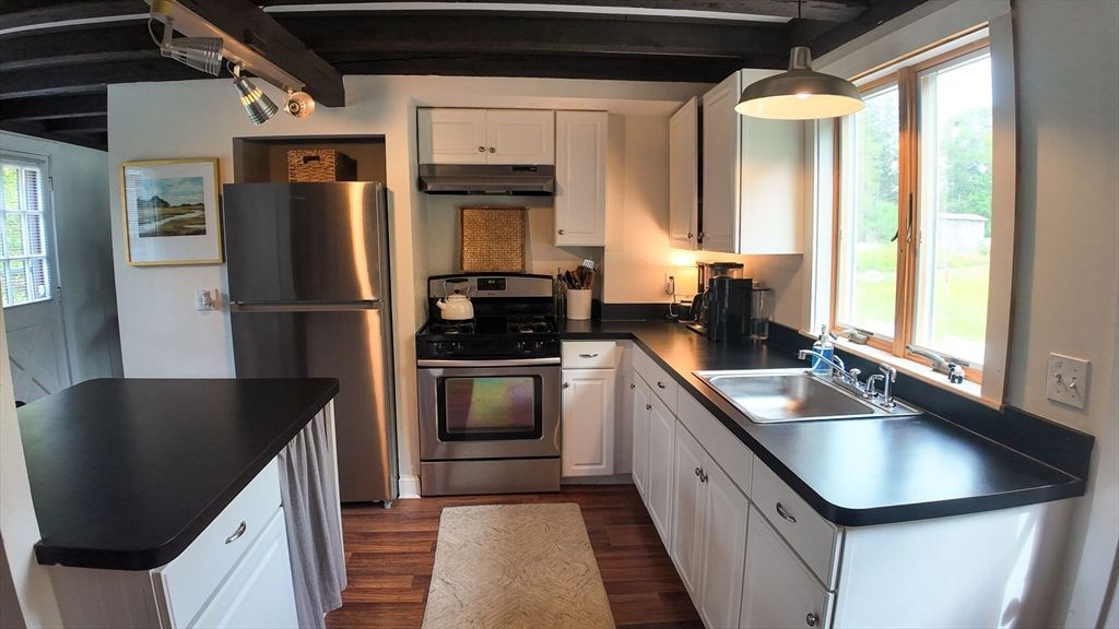 Interior, Kitchen, Pendant Lights, Stainless Steel Appliances, Wooden Beams, Wood Texture Flooring