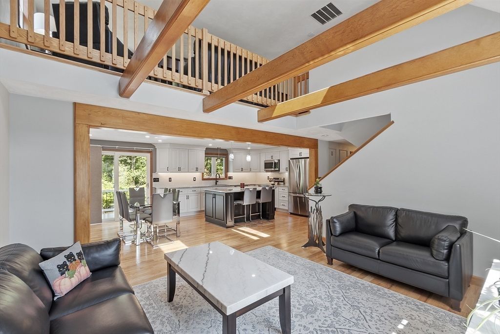 Dining room, Interior, Kitchen, Living room, Recessed Lighting, Stainless Steel Appliances, Wooden Beams, Wood Texture Flooring