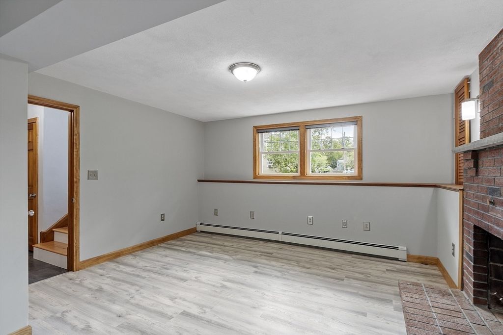 Empty room, Fireplace, Interior, Stone Walls, Wood Texture Flooring