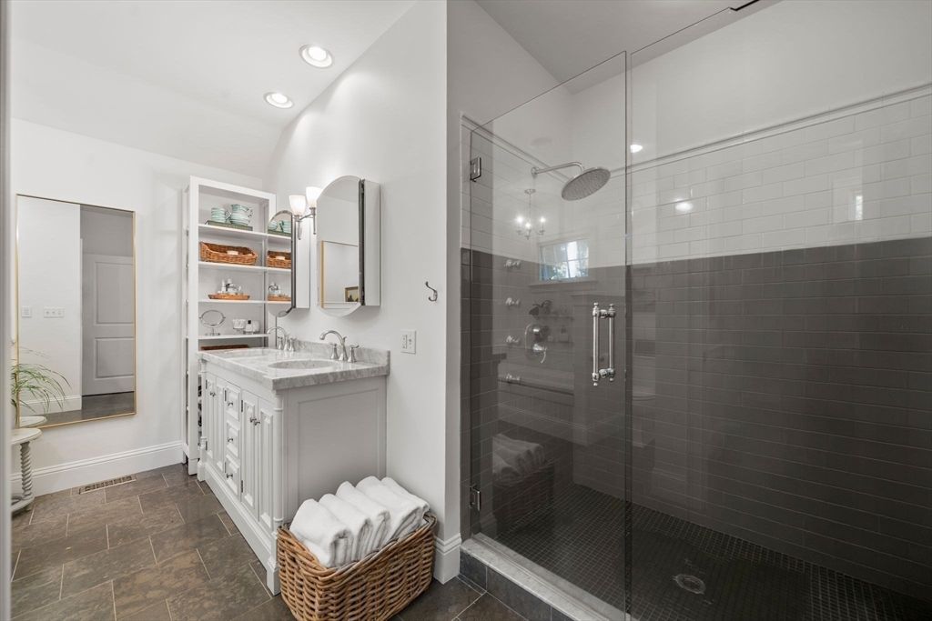 Bathroom, Dual Sink Vanities, Glass Shower, Interior, Recessed Lighting, Tile Countertops