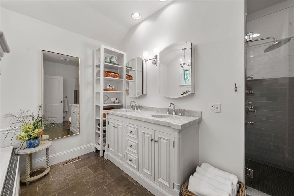 Bathroom, Dual Sink Vanities, Interior, Recessed Lighting, Tile Countertops