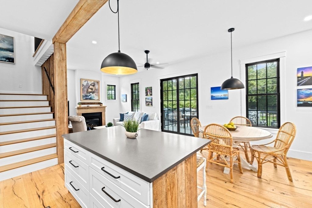 Dining room, Fireplace, Interior, Kitchen, Pendant Lights, Recessed Lighting, Wooden Beams, Wood Texture Flooring