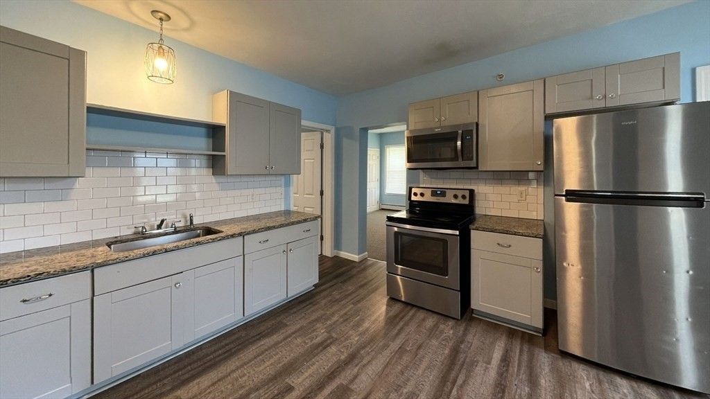 Interior, Kitchen, Pendant Lights, Stainless Steel Appliances, Wood Texture Flooring