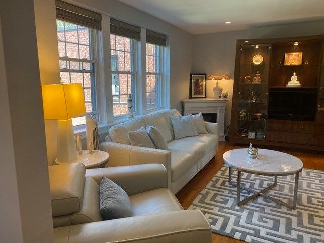 Fireplace, Interior, Living room, Recessed Lighting, Wood Texture Flooring