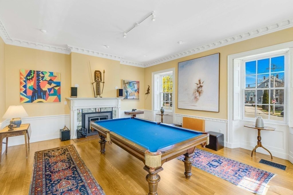 Billiard Table, Fireplace, Game Room, Interior, Wood Texture Flooring