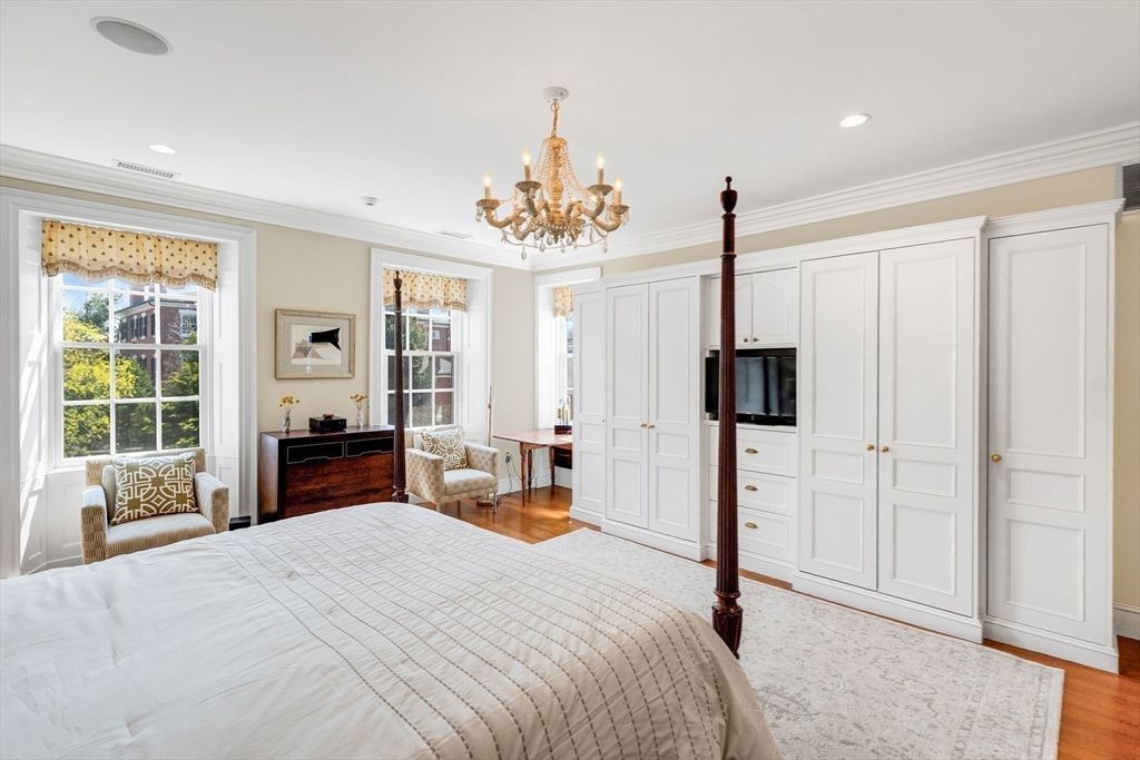 Bedroom, Chandelier, Interior, Recessed Lighting, Wood Texture Flooring