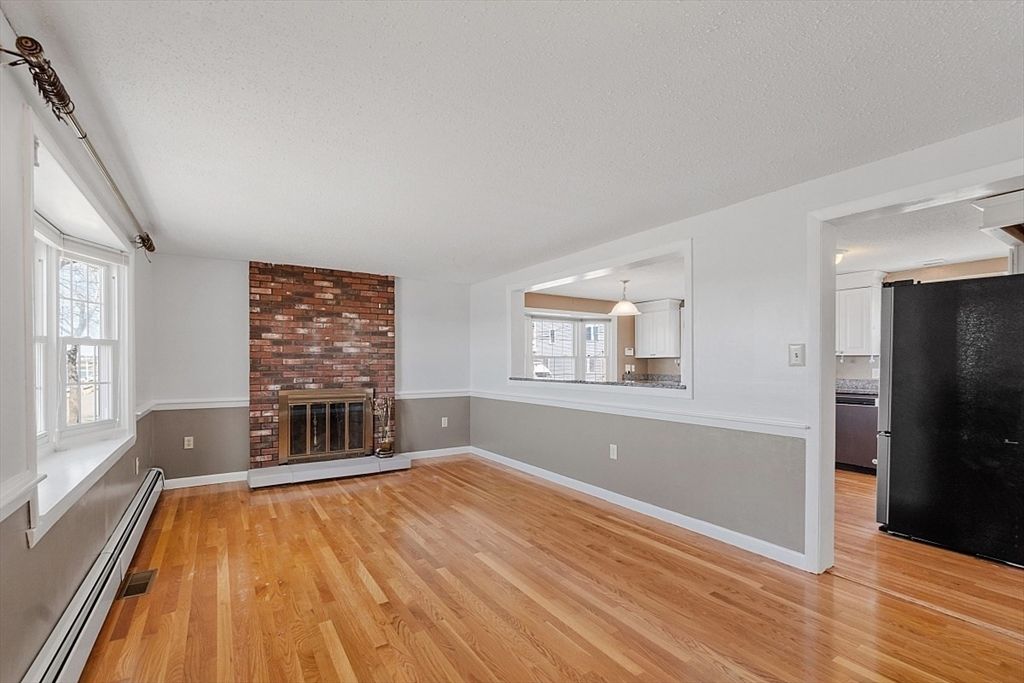 Empty room, Fireplace, Interior, Stone Walls, Wood Texture Flooring