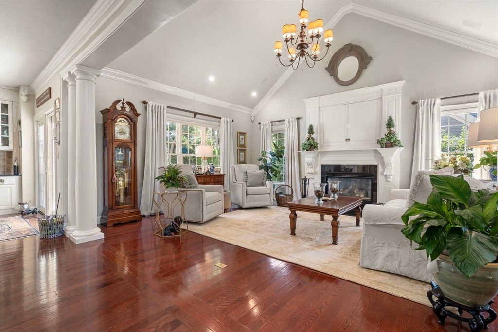 Chandelier, Fireplace, Interior, Living room, Recessed Lighting, Wood Texture Flooring