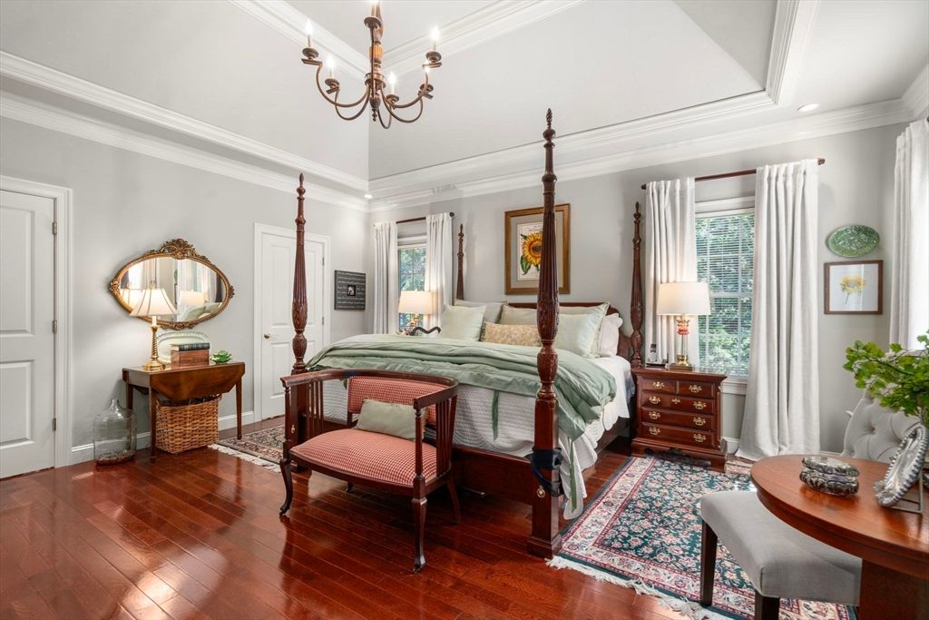 Bedroom, Chandelier, Interior, Recessed Lighting, Wood Texture Flooring