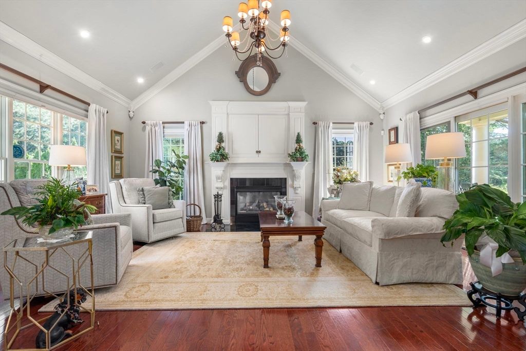 Chandelier, Fireplace, Interior, Living room, Recessed Lighting, Wood Texture Flooring