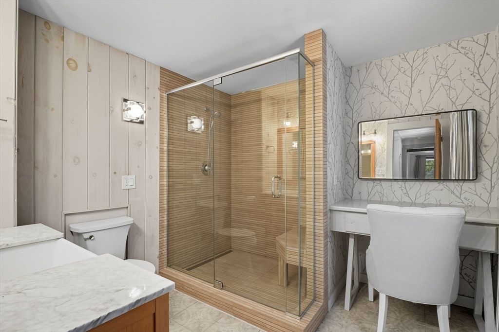 Bathroom, Glass Shower, Interior, Wooden Walls