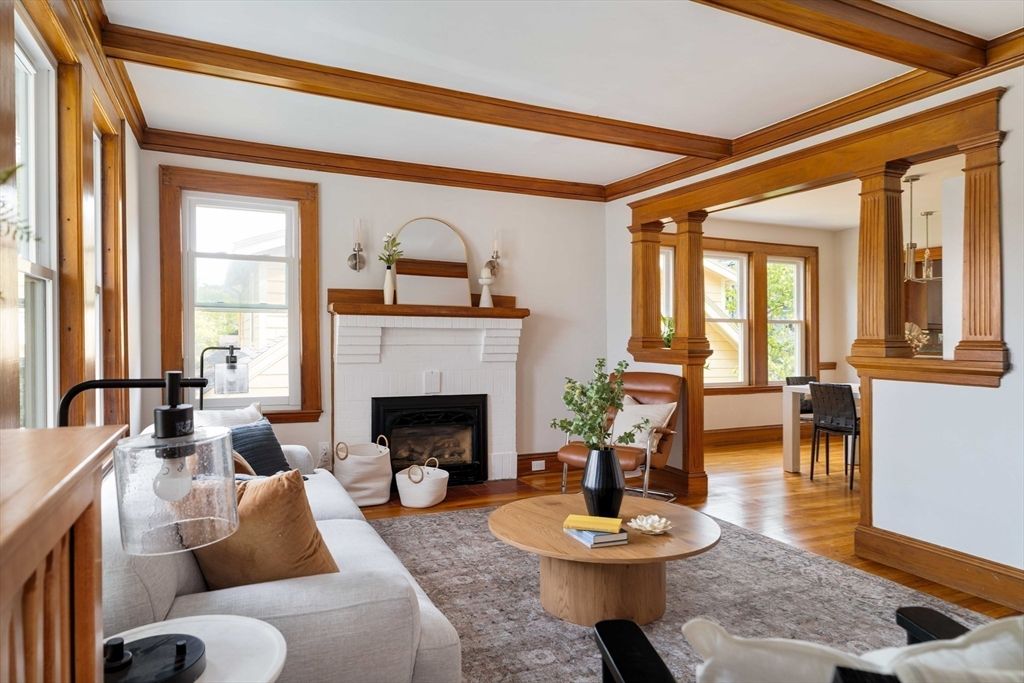 Fireplace, Interior, Living room, Wooden Beams, Wood Texture Flooring