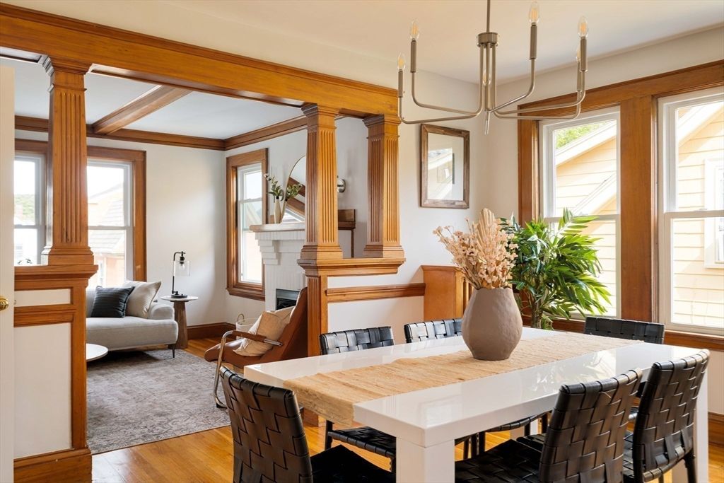 Dining room, Fireplace, Interior, Living room, Pendant Lights, Wood Texture Flooring