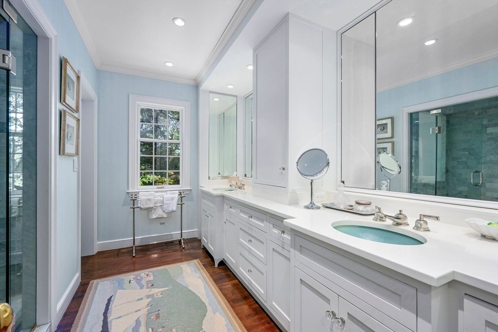 Bathroom, Dual Sink Vanities, Interior, Recessed Lighting, Wood Texture Flooring