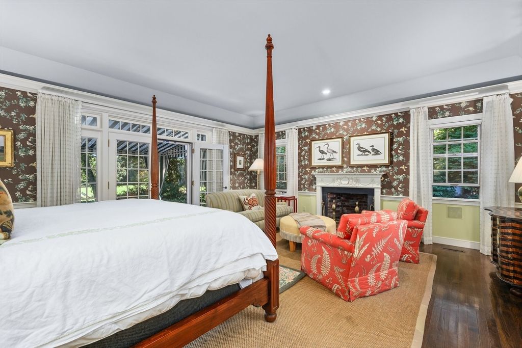 Bedroom, Fireplace, Interior, Recessed Lighting, Wood Texture Flooring