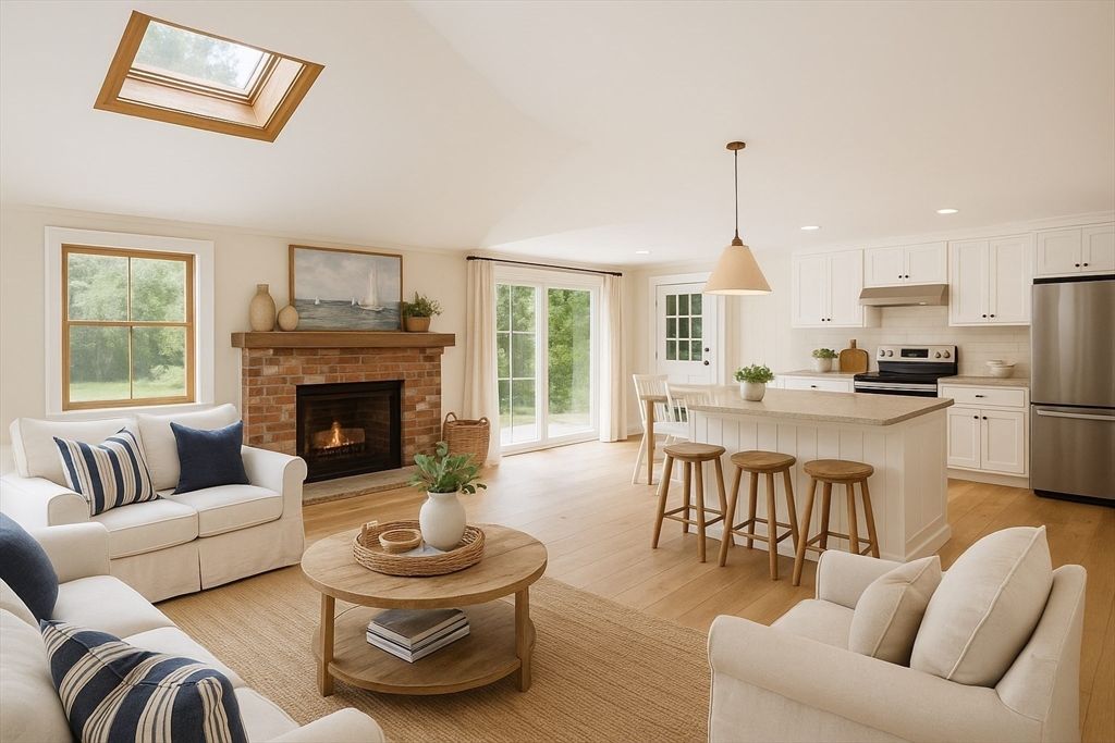 Fireplace, Interior, Kitchen, Living room, Pendant Lights, Recessed Lighting, Stainless Steel Appliances, Wood Texture Flooring