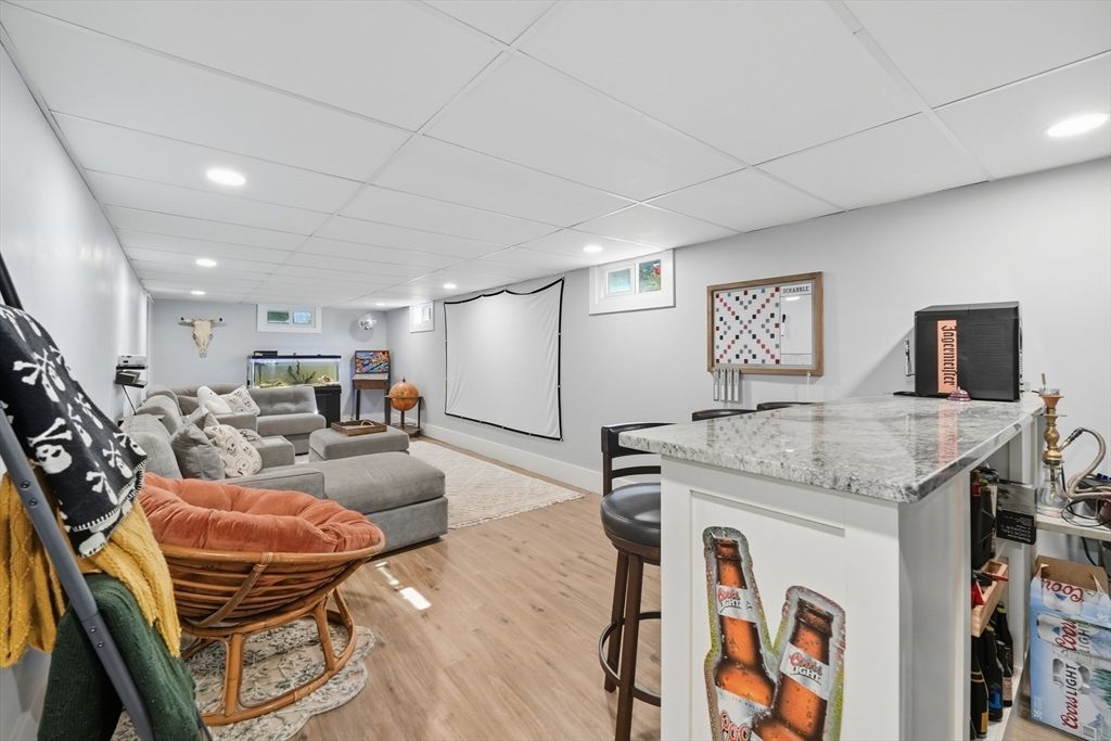 Interior, Living room, Projection Screen, Recessed Lighting, Wood Texture Flooring