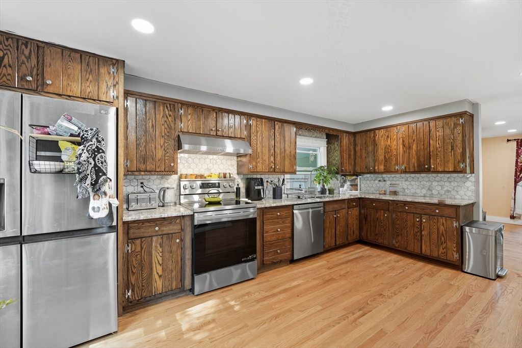 Interior, Kitchen, Recessed Lighting, Stainless Steel Appliances, Wood Texture Flooring