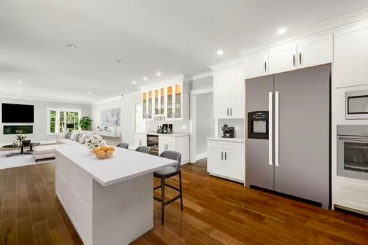 Interior, Kitchen, Living room, Recessed Lighting, Stainless Steel Appliances, Wood Texture Flooring