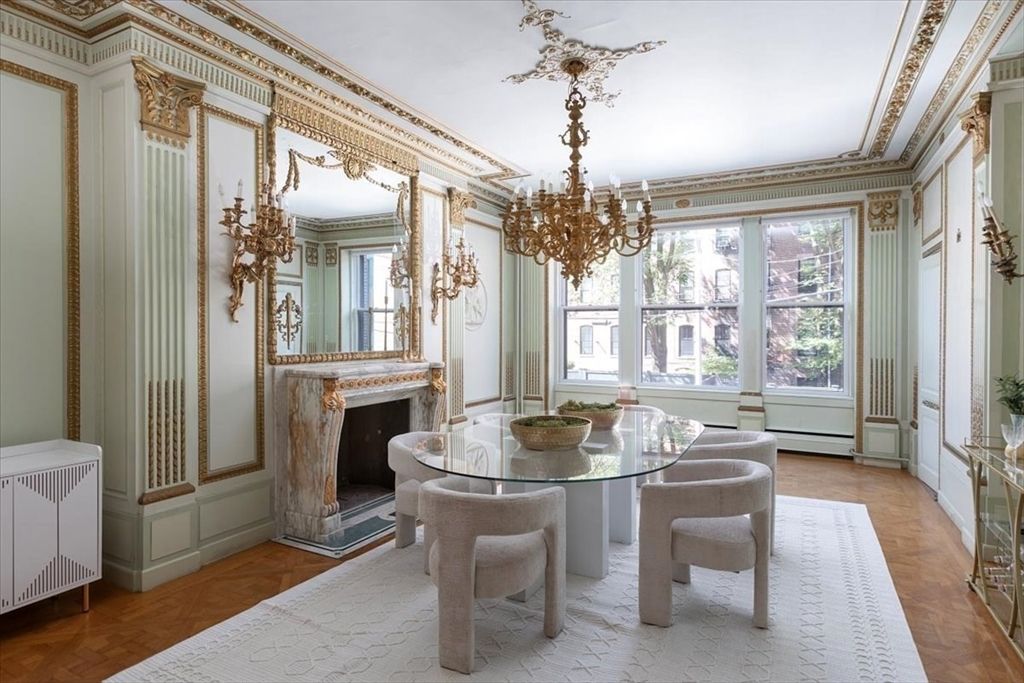 Chandelier, Dining room, Fireplace, Interior, Wood Texture Flooring