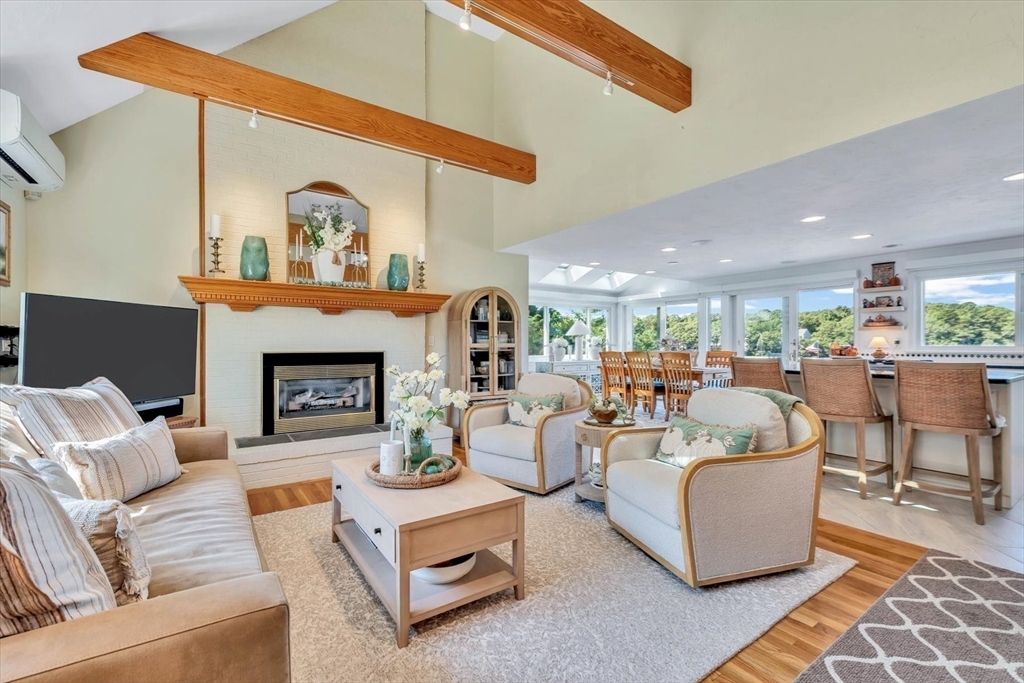 Dining room, Fireplace, Interior, Living room, Recessed Lighting, Wooden Beams, Wood Texture Flooring