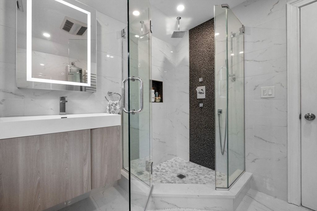 Bathroom, Glass Shower, Interior, Marble, Marble Walls, Recessed Lighting