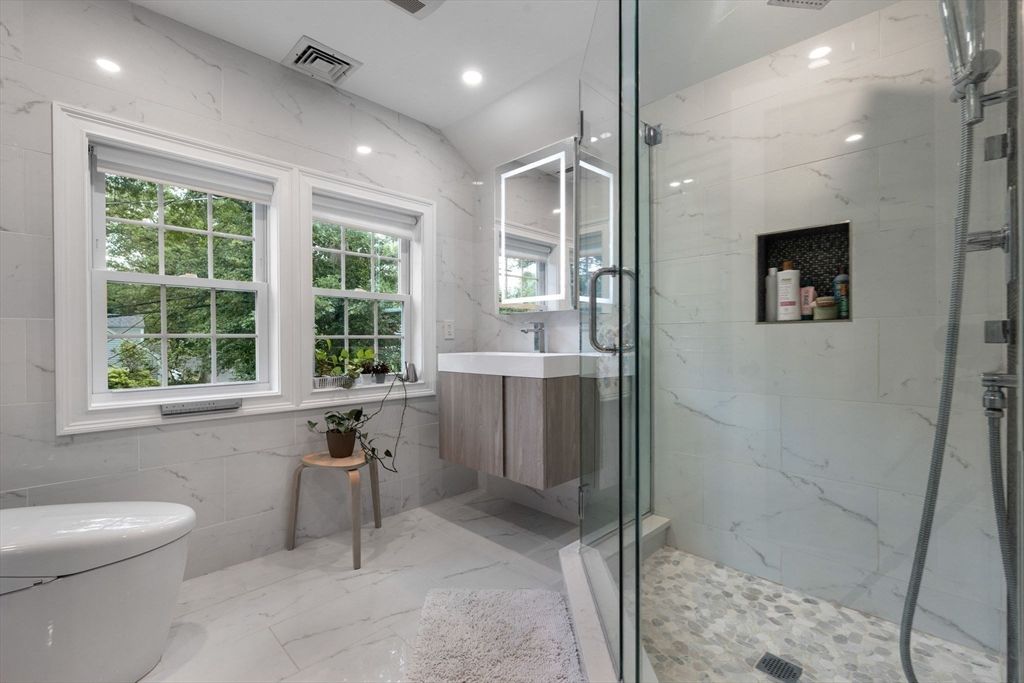 Bathroom, Free Standing Baths, Glass Shower, Interior, Marble, Marble Walls, Recessed Lighting