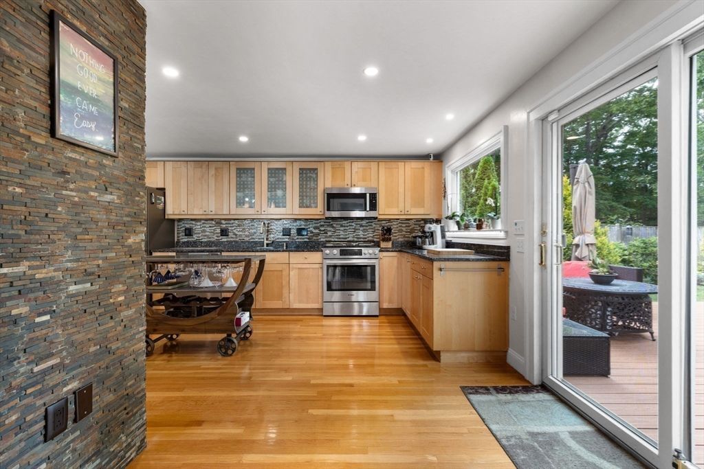 Interior, Kitchen, Recessed Lighting, Stainless Steel Appliances, Stone Walls, Wood Texture Flooring