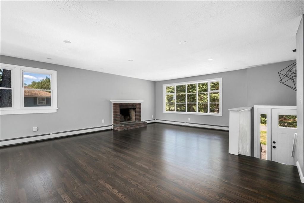 Empty room, Fireplace, Interior, Recessed Lighting, Wood Texture Flooring