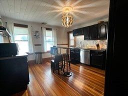 Chandelier, Interior, Kitchen, Stainless Steel Appliances, Wood Texture Flooring