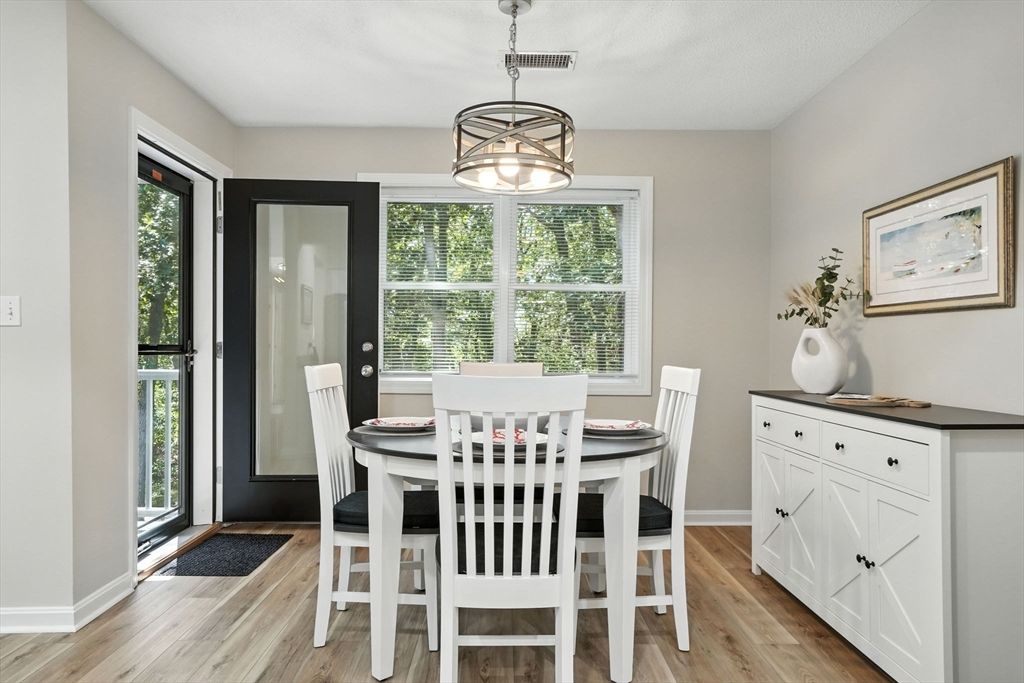 Dining room, Interior, Pendant Lights, Wood Texture Flooring