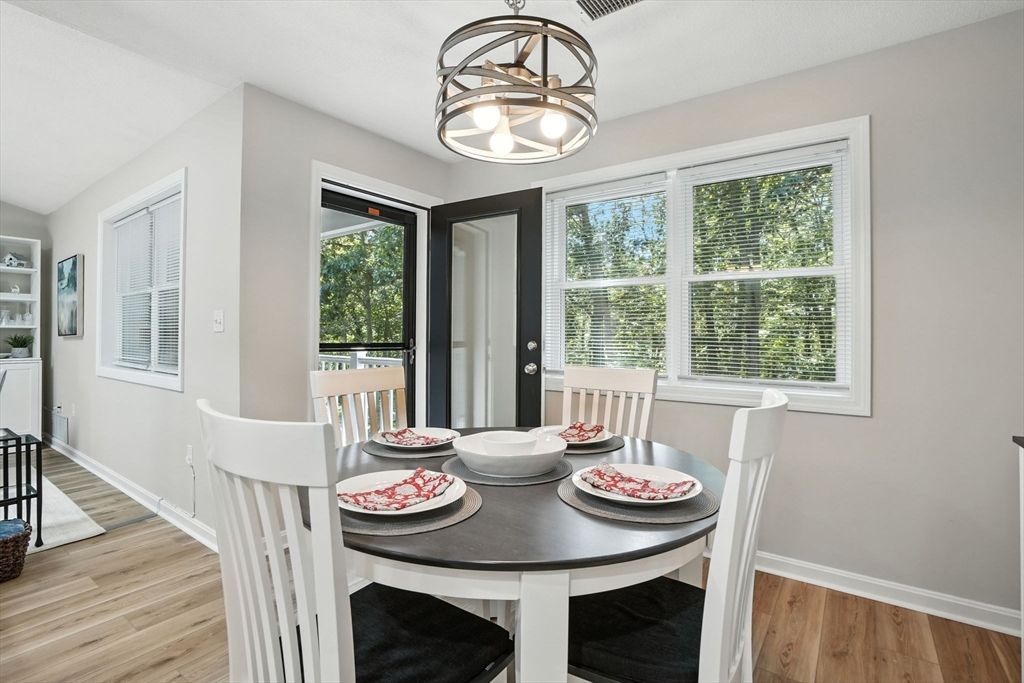 Dining room, Interior, Pendant Lights, Wood Texture Flooring