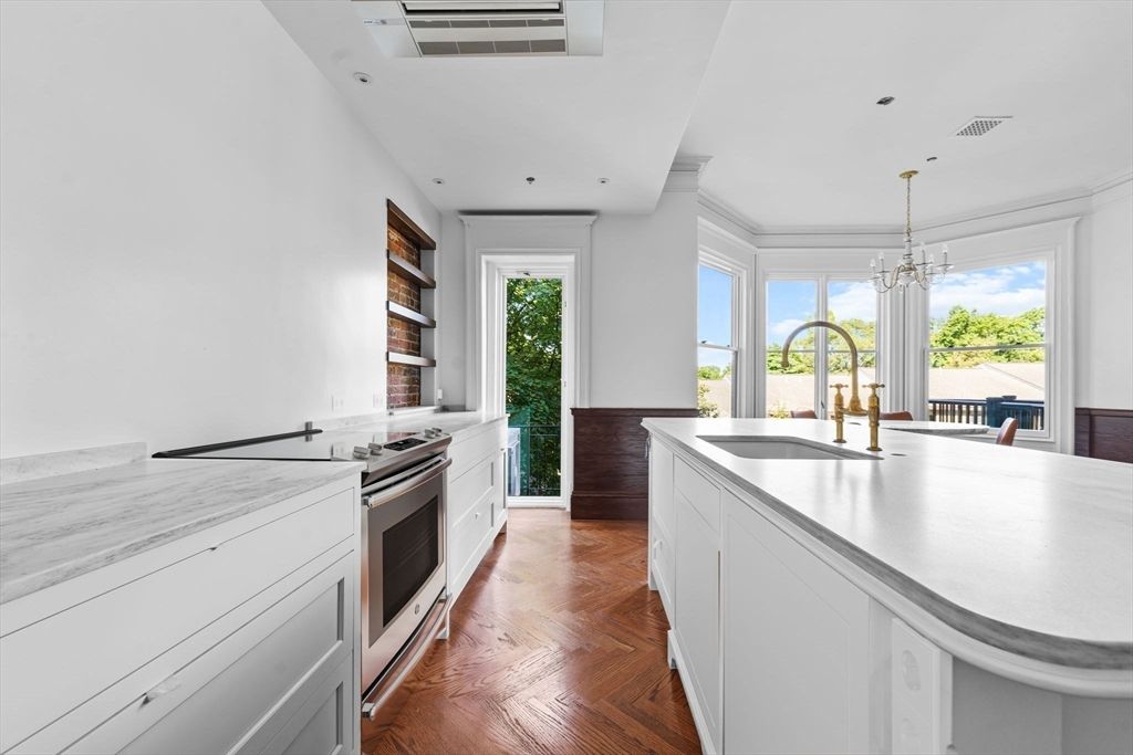 Chandelier, Interior, Kitchen, Pendant Lights, Recessed Lighting, Stainless Steel Appliances, Wood Texture Flooring
